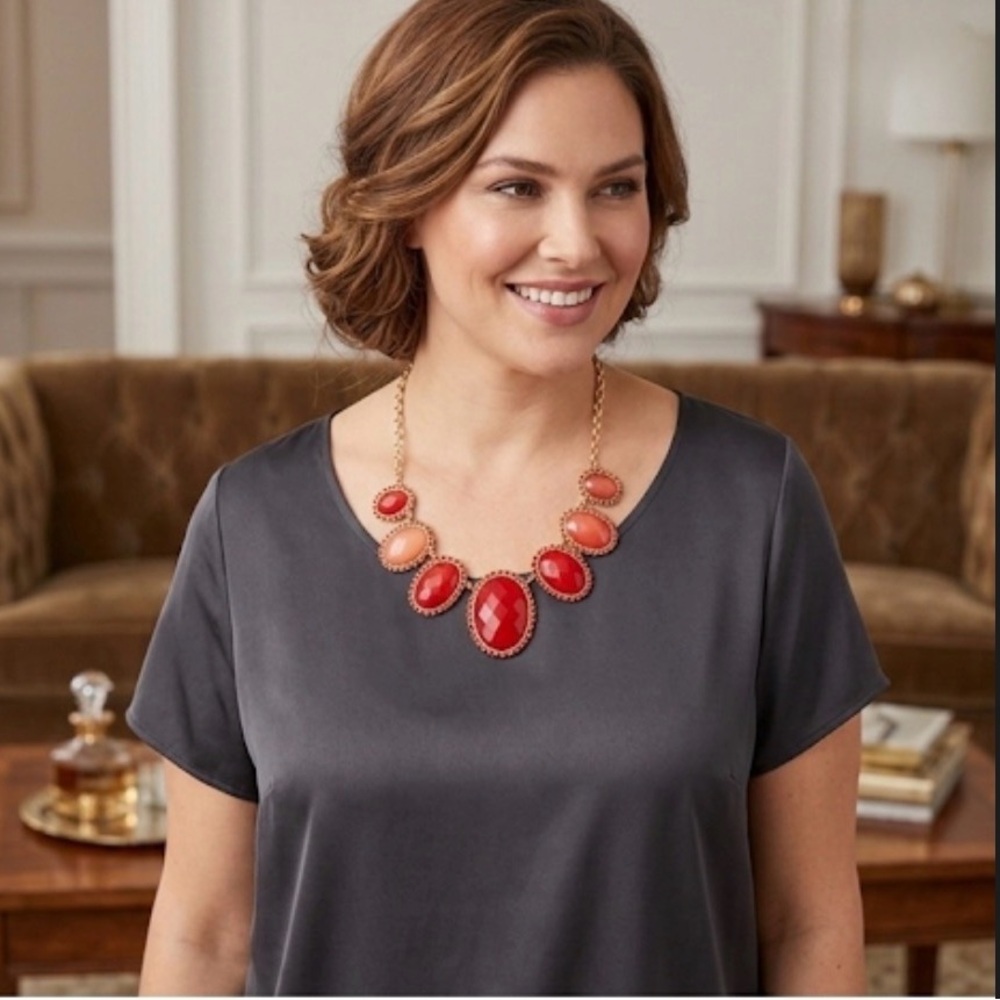 Catherines Red and Gold chunky Statement Necklace NWT retails $29